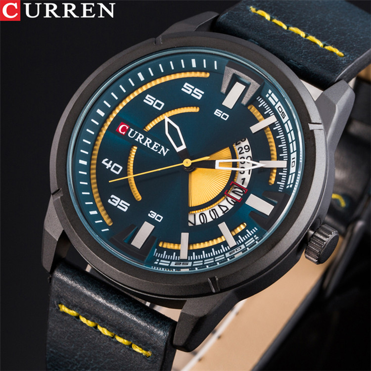 CURREN Watches Casual Quartz Male Clock Display Date Leather Strap Men Wristwatch Montre Homme Reloj Hombre: black green