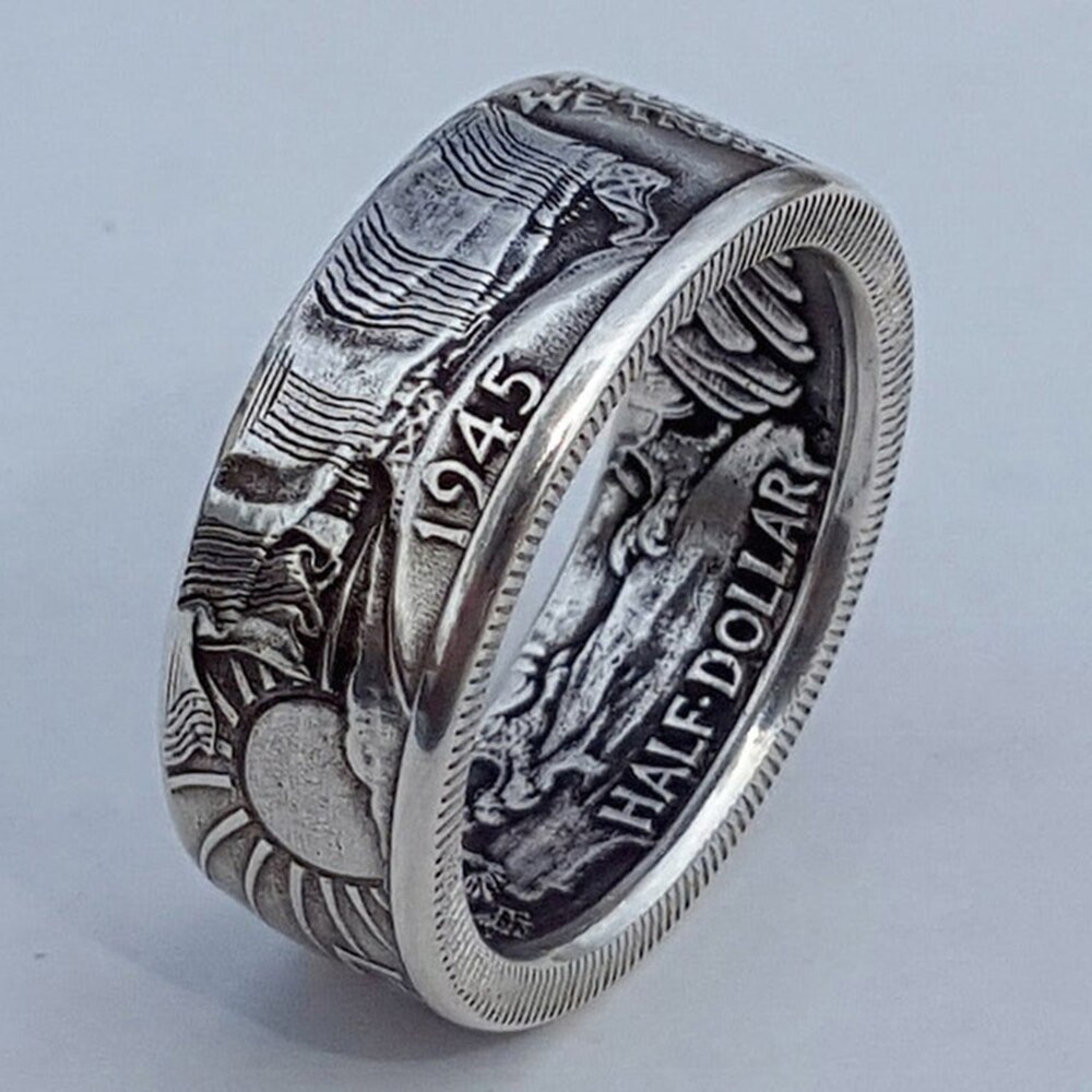 Anillo de doble cara de la historia para hombre, pintura de sello para hombre, accesorios de dedo con personalidad, compromiso, de San Valentín, 1945: 10 / Silver