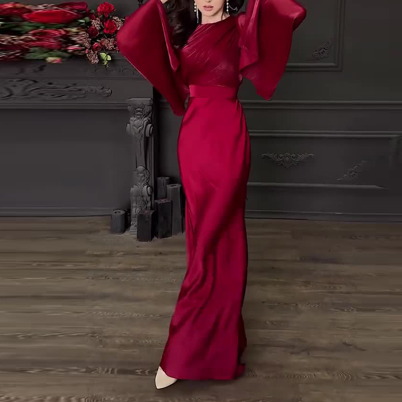 Vintage højtaljet dame satin lang kjole dame temperament rund krave kjoler slanke lange ærmer banketkjoler