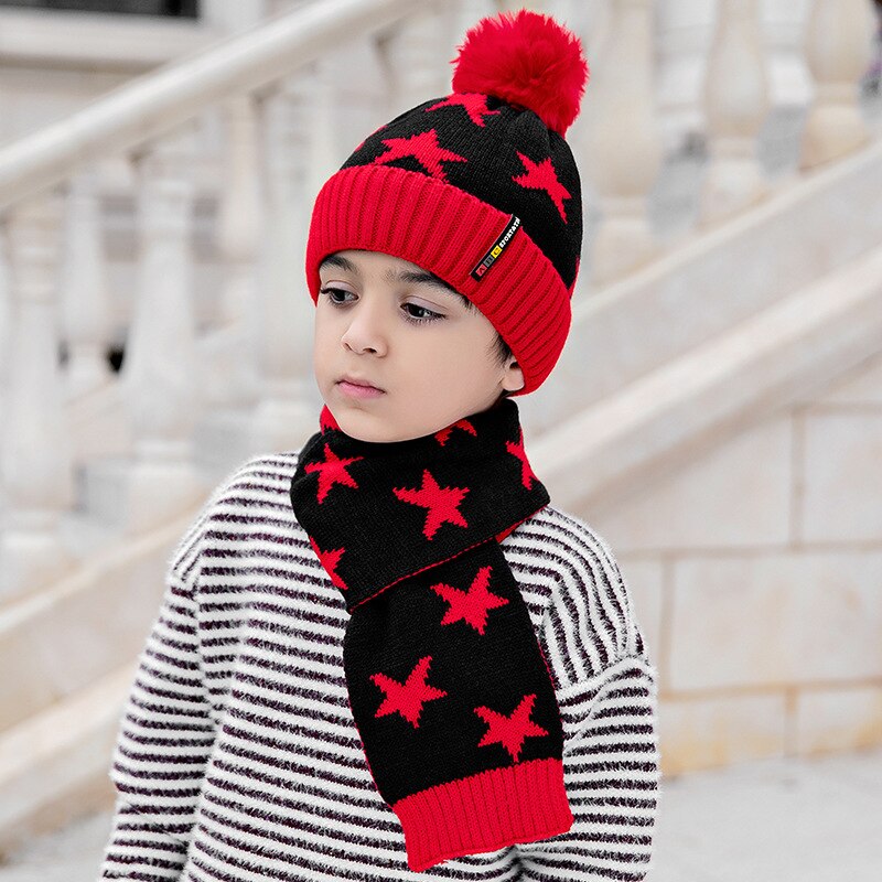 Ensemble de bonnets et écharpes tricotés pour enfants, 2 pièces, épais et chauds, avec pompon, accessoires pour vêtements, pour garçons, automne hiver