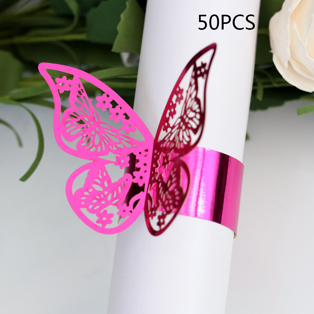 50 Stuks Jaar Hollow Papier Vlinder Servetringen Bruiloften Party Serviette Tafel Decoratie Gunst Voor Kerst: Rose red