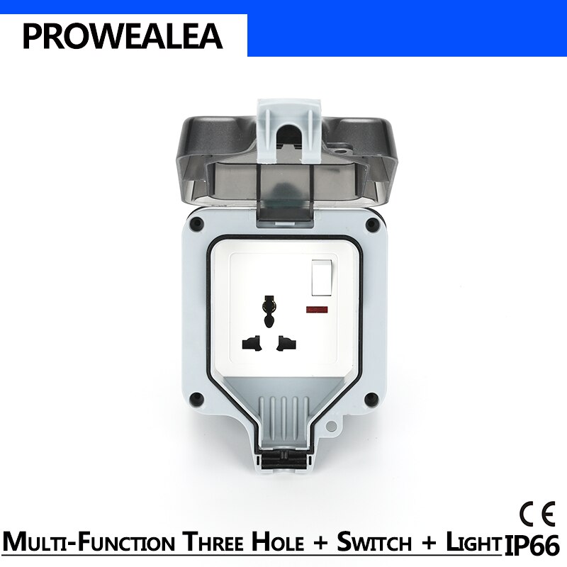 Weatherproof Socket IP66 Waterproof Socket Outdoor Wall Power Socket 3 Hole Switch Light Standard Electrical Outlet Grounded