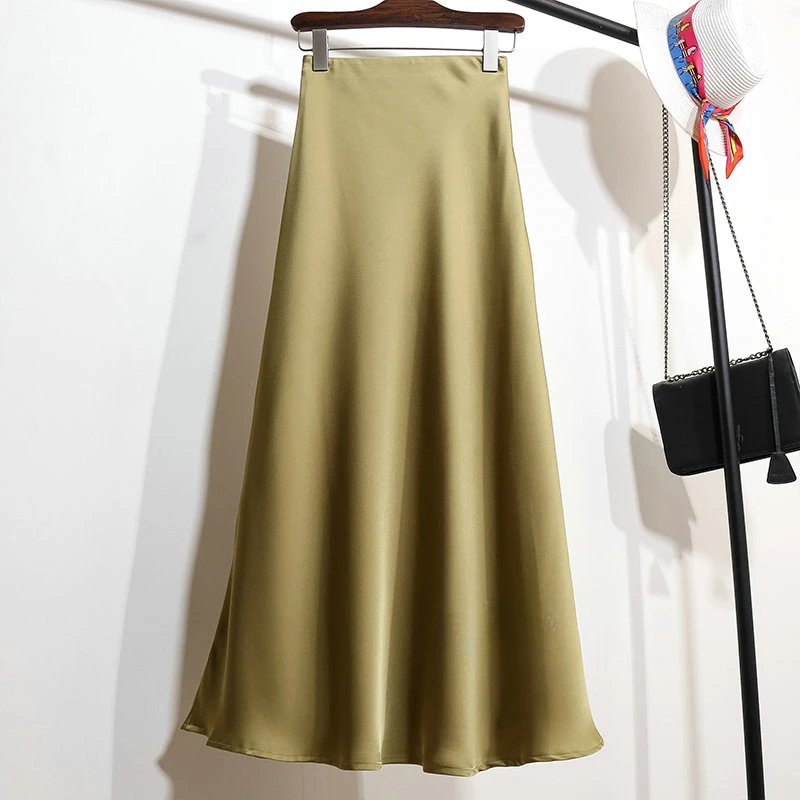 Højtaljet a-linje nederdel til kvinder satin silke ensfarvede nederdele kontordame elastisk talje dame lang nederdel sommer: Xl / Hvid