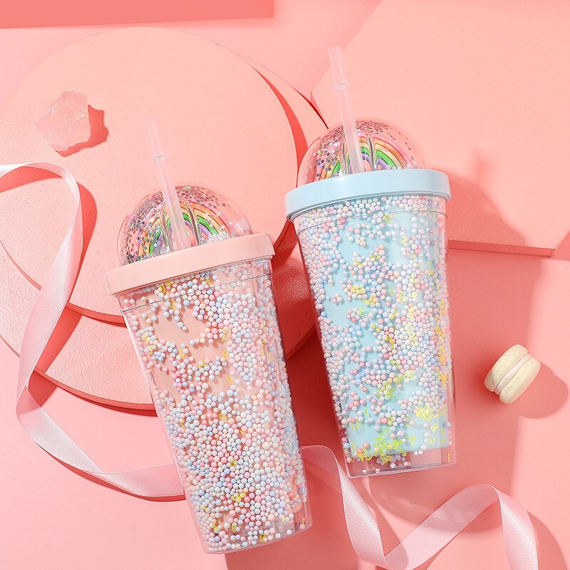 550ml Kawaii Cute Drinkware Rainbow Foam Straw Cup Girl Home Office Water Bottle Plastic Double Layer With Straw Girl