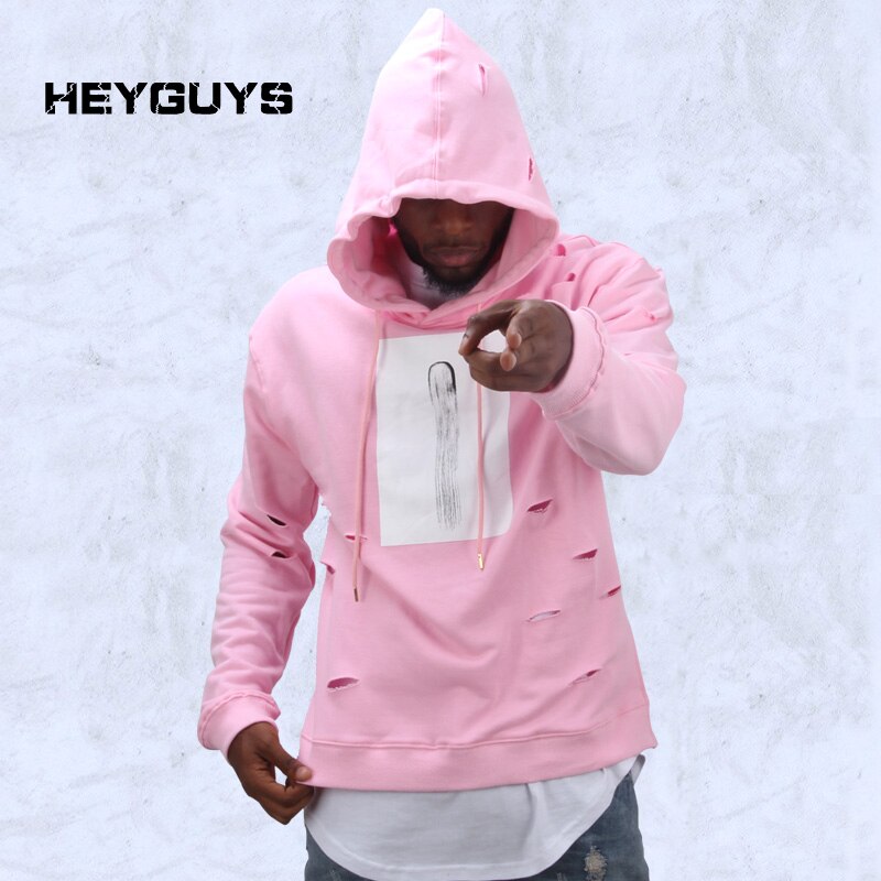 Herre hip hop pink hættetrøjer sweatshirts træningsdragt mænd med hullet hættetrøjer mænd sæt vinter mandlige street wear: S
