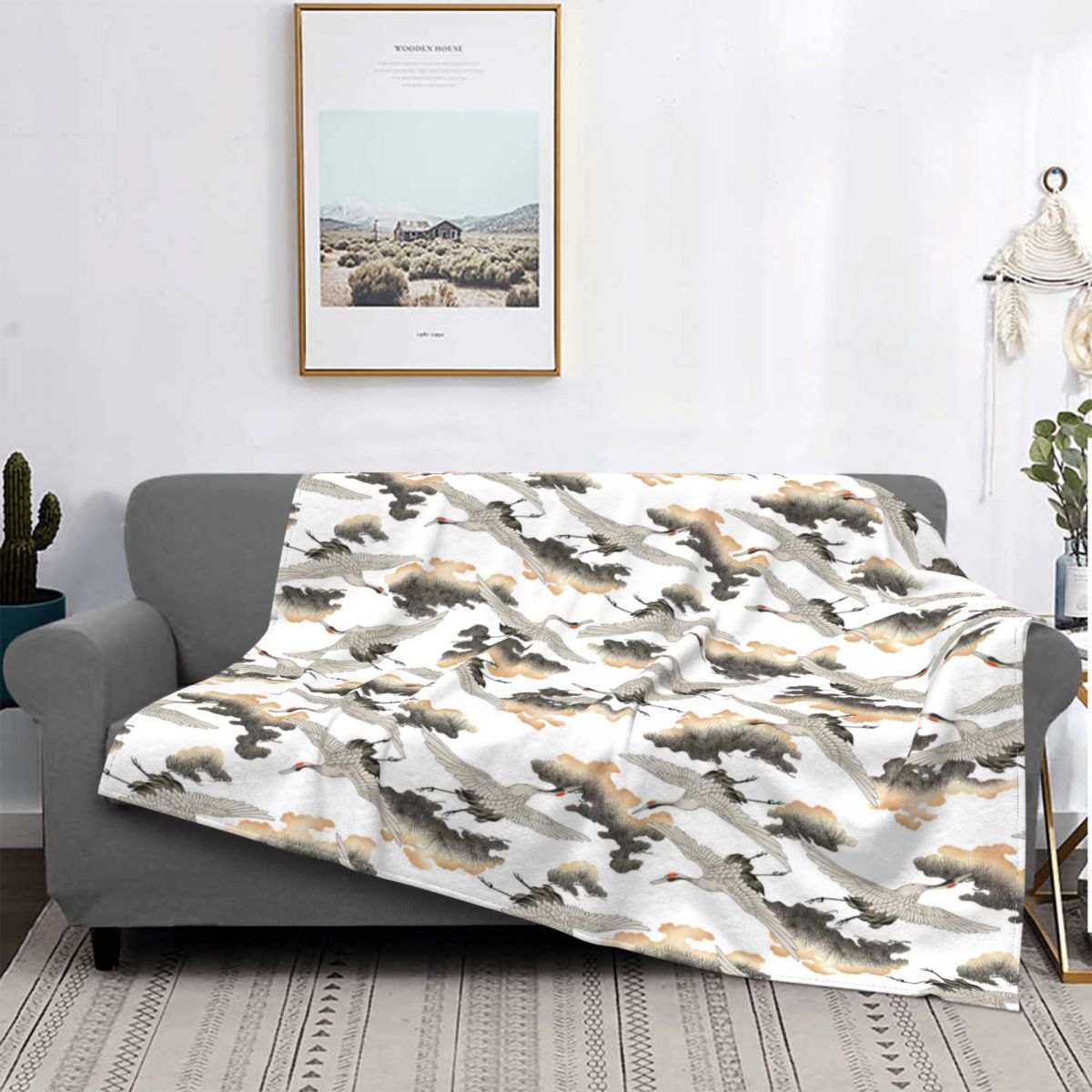 Japanese Crane Pattern Blankets Fleece Decoration Ultra-Soft Throw Blankets for Bedding Bedroom Plush Thin Quilt: 125x100cm