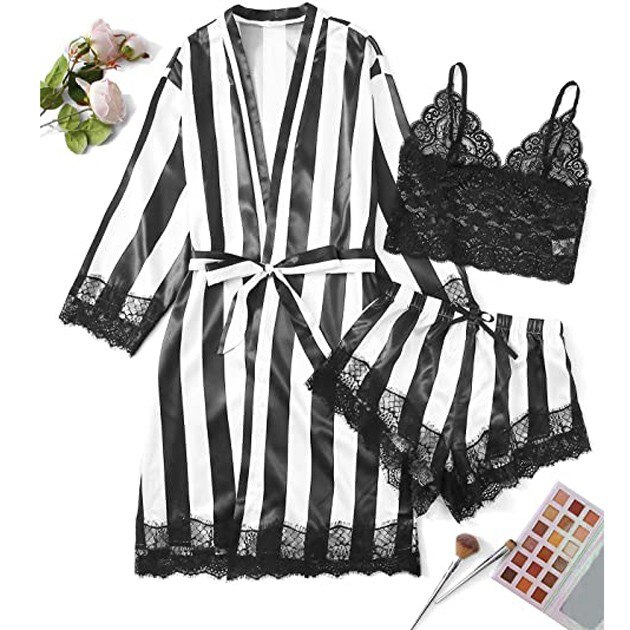 Summer Stripe Bride Wedding Robe Satin Sleepwear Women Nightgown Sexy Nightdress Lady Kimono Bathrobe Gown 3pcs Set #T2G