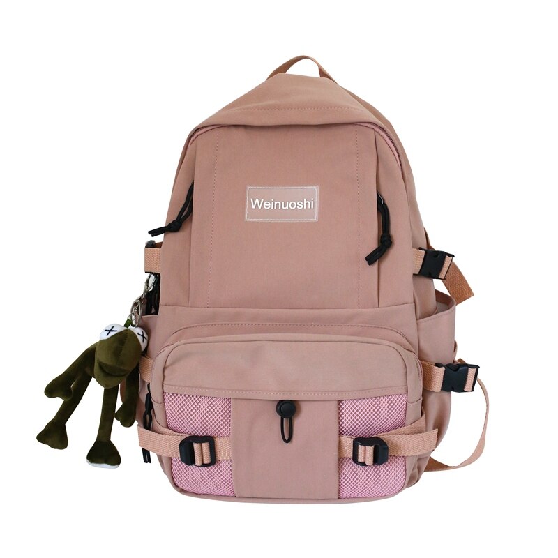 DCIMOR Nuovo Delle Donne di nylon Impermeabile Zaino Inserto Femmina fibbia zaino tasche Multiple zainetto per le Ragazze Adolescenti Mochilas: pink / With Frog pendant