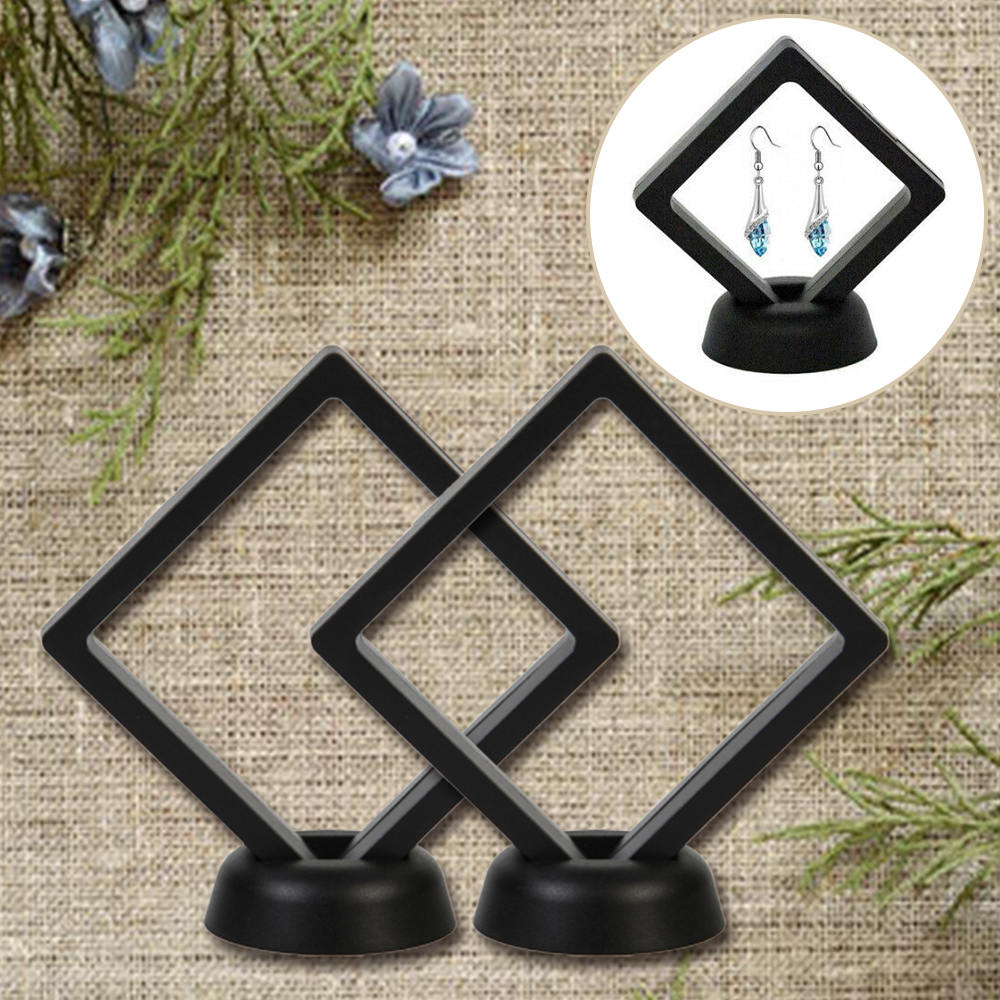 2 stk sæt 90*90mm sorte 3d flydende mønt display smykker ramme holder æske etui stativ udsøgt opbevaringsstativ