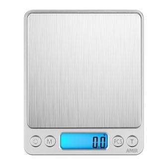 AMIR-báscula Digital de 3kg/0,1g para cocina, minibáscula de bolsillo para comida, joyería de acero inoxidable con pantalla LCD retroiluminada: Plata