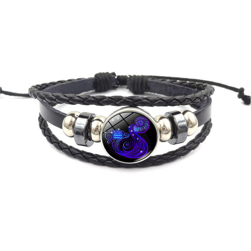 Horóscopo astrología 12 Zodiaco tejido luminoso cuero de vaca cielo estrellado pulsera hombres mujeres Acero inoxidable pulsera joyería: Aquarius