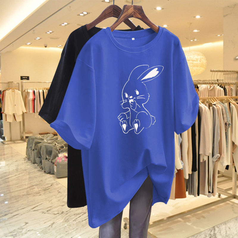 Vrouwen Kleding Korte Mouw Causale Cartoon Gedrukt T-shirt Zomer Basic Losse Alle Katoenen Top Tees Chic Y2k O-hals Truien: L / royal blue