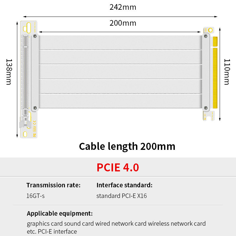 TEUCER PCI-E Gen 4.0 3.0 16X Riser Video Graphics Card Shielded Flexible 90° Mounting GPU Lossless Mount Extension Cable 15/20cm: Gold
