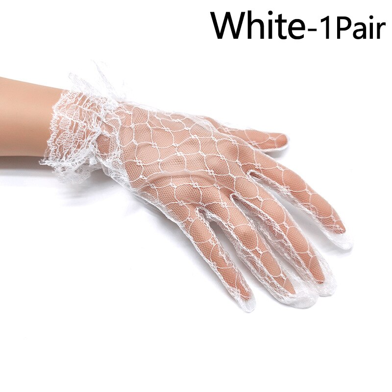 1 paire femmes court Tulle gants extensible dentelle Lotus feuille voilages robe accessoires plein doigt mariée mariage fête noir: WHITE