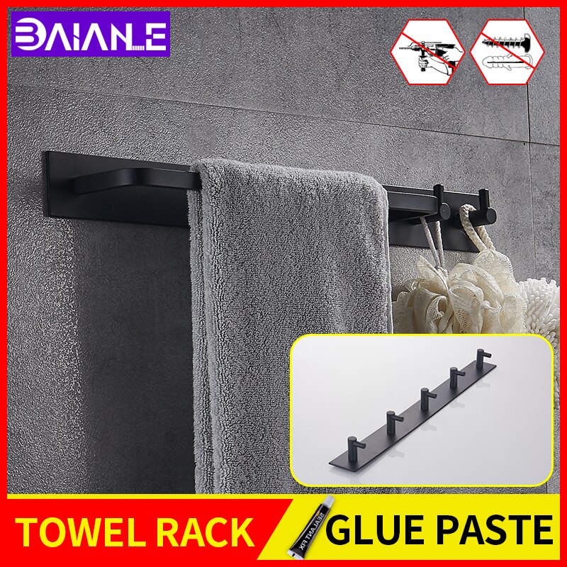Handdoekrekken voor in de badkamer met haak, zwart, aan de muur gemonteerd, schroefloze installatie, slaapkamer, woonkamer, plankorganizer, rij haak