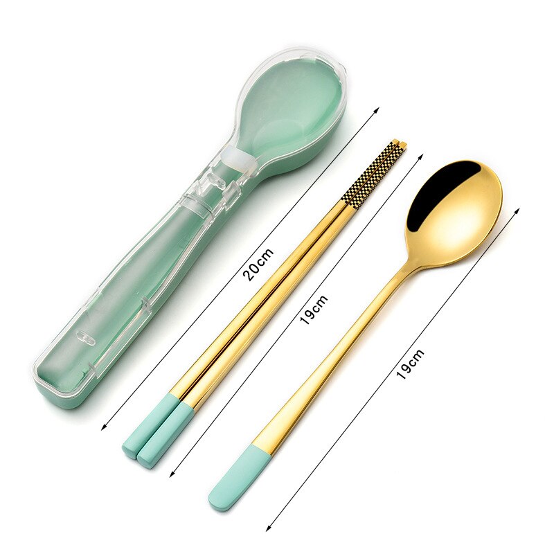 304 Stainless Steel Chopsticks Spoon fork Set Cutlery Set Flatware Set Tableware Soup Spoon Portable Cultery With Box: Green gold-2PCS