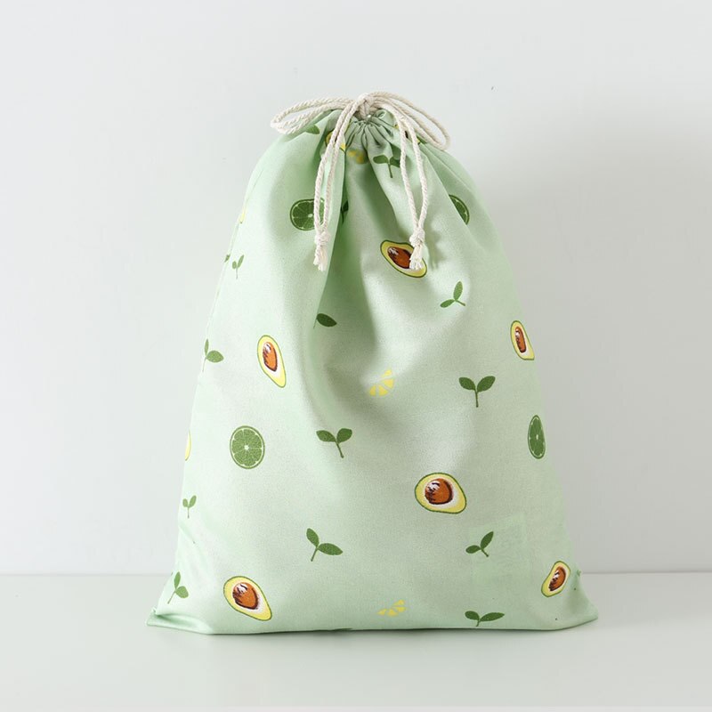 1PC Women Drawstring Bag Cute Flower Avocado Print Bag With Drawstring Girls Polyester Cotton Drawstring Pouch Storage Bags: Green / M