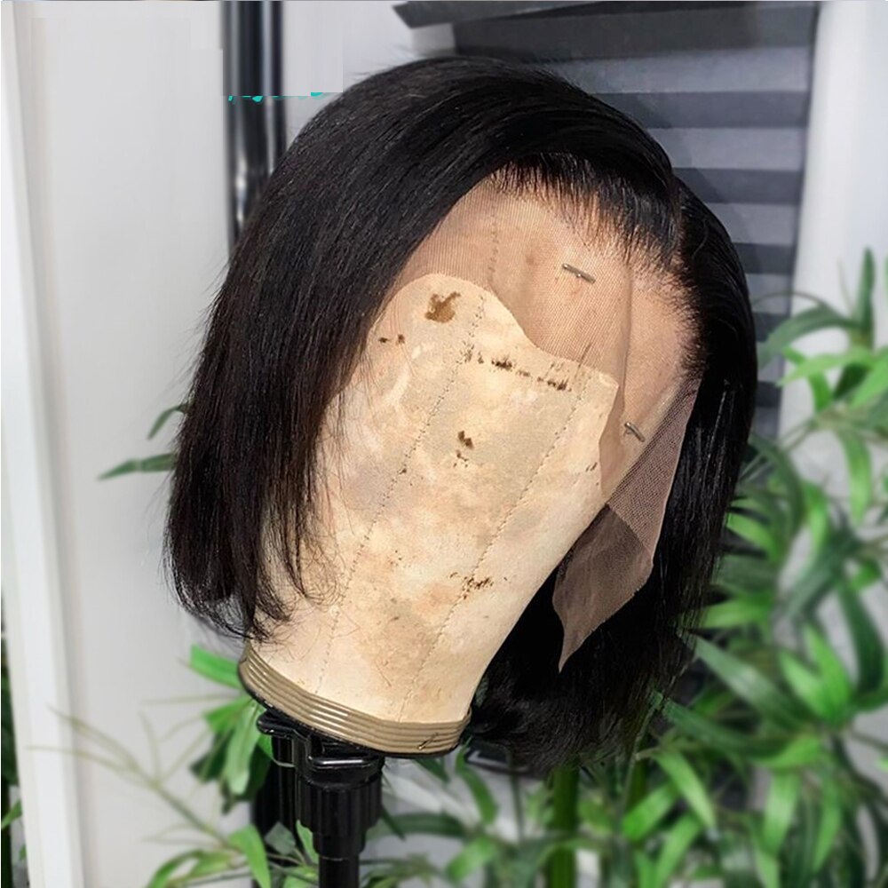 Sedoso recto Bob corto negro Natural Sintético peluca con malla frontal para las mujeres negras con bebé Cosplay del pelo Peluca de trama de máquina peluca