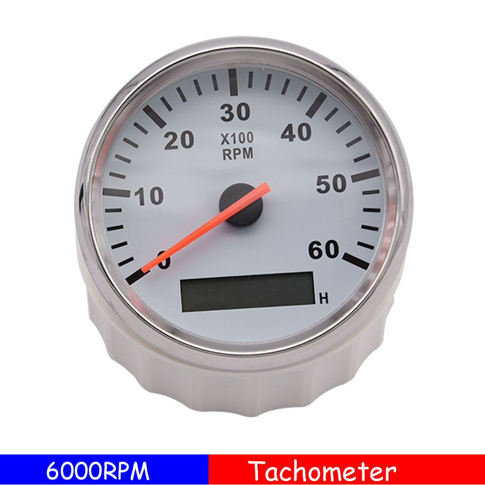 85mm Car Boat Tacho Sensor Marine Tacho Meter with LCD Hourmeter 3000 4000 6000 8000 RPM Boat Tachometer 12V/24V Red Backlight: 6KRPM WS