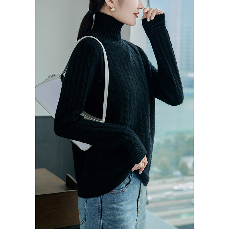 Camisa de fondo de lana pura 100% de Cuello medio alto para mujer, suéter de punto de lana acolchado suelto, otoño e invierno,: XXL / Negro