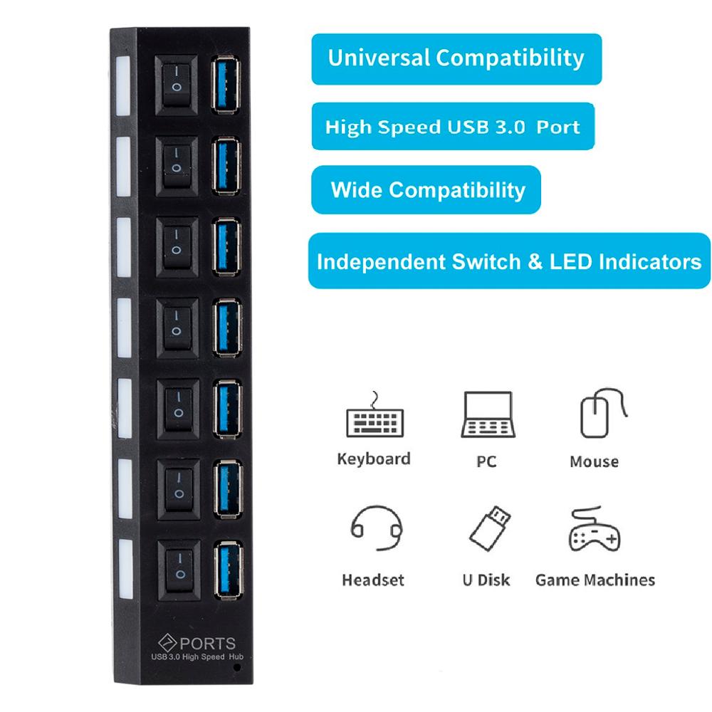 Multi USB Hub 3.0 USB Splitter USB 3.0 Hub Adapter Portable USB3.0 7 Ports HUB With ON/OFF Switch For PC Computer Accessories