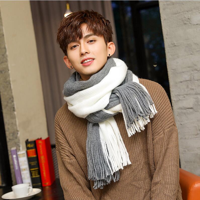 Pañuelo y grueso para hombre, bufanda de lana tejida, para estudiantes jóvenes, color azul marino, vino tinto, invierno,: Grey and white