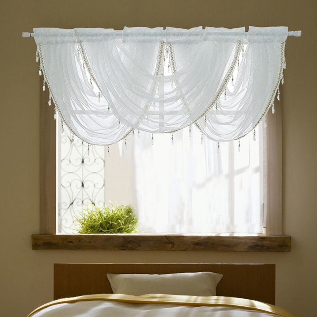 Cortinas de globo con cenefa blanca con flecos de brillo de Línea Plateada para decoración de ventanas, decoración para el hogar y la habitación, adorno para tienda