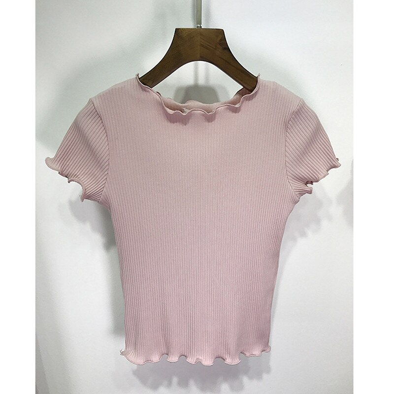 Camiseta deportiva informal para mujer, Top de Yoga transpirable con volantes, Top de manga corta suave de Color sólido, camiseta elástica de uso diario para mujer: Pink