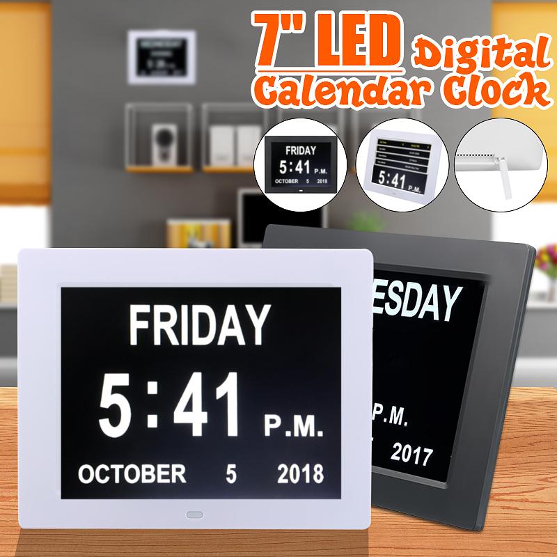 7 tommer led demens digital kalender dag/uge/måned/år urstativ fotoramme stort vægur kalenderalarm dag/nattilstand
