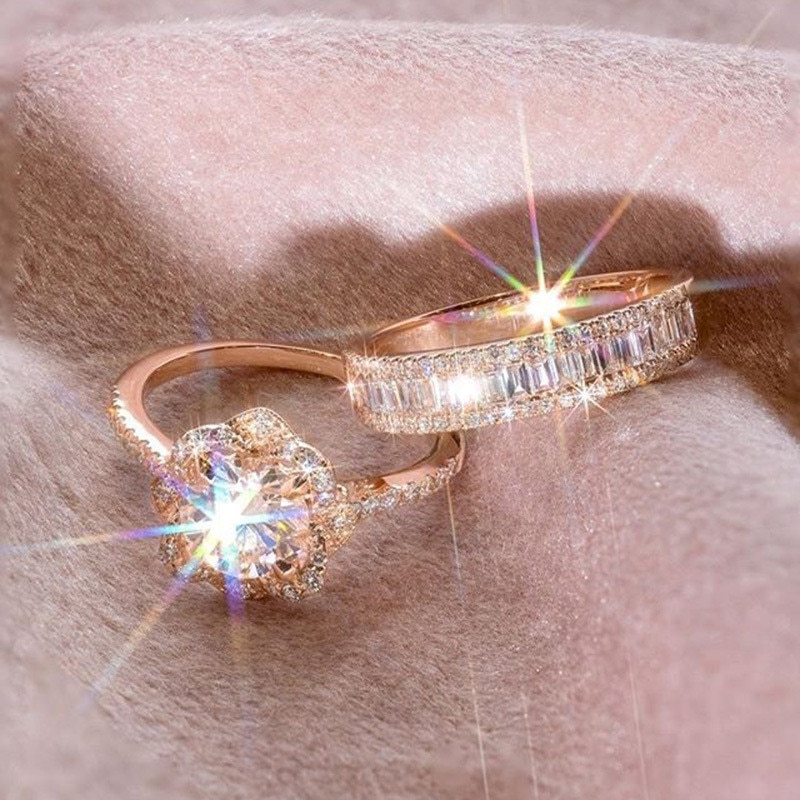 Luxe Vrouwelijke 925 Zilveren Kristallen Zirkoon Ring Set Vintage Rose Gouden Trouwringen Voor Vrouwen Bloem Bridal Engagement Ring
