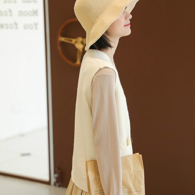 Swetry kamizelki damskie solidne pojedyncze piersiowe luźne studenci kolorowe kieszenie koreańskie kobiece modne bez rękawów eleganckie wszystkie mecze nowe ins