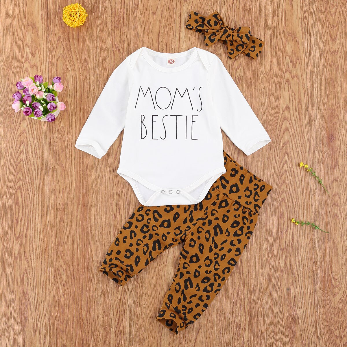 0-18M Infant Baby Girls 3Pcs Set Long Sleeve MOM'S BESTIE Letter Print Bodysuit+Leopard Print Long Pants+Headband