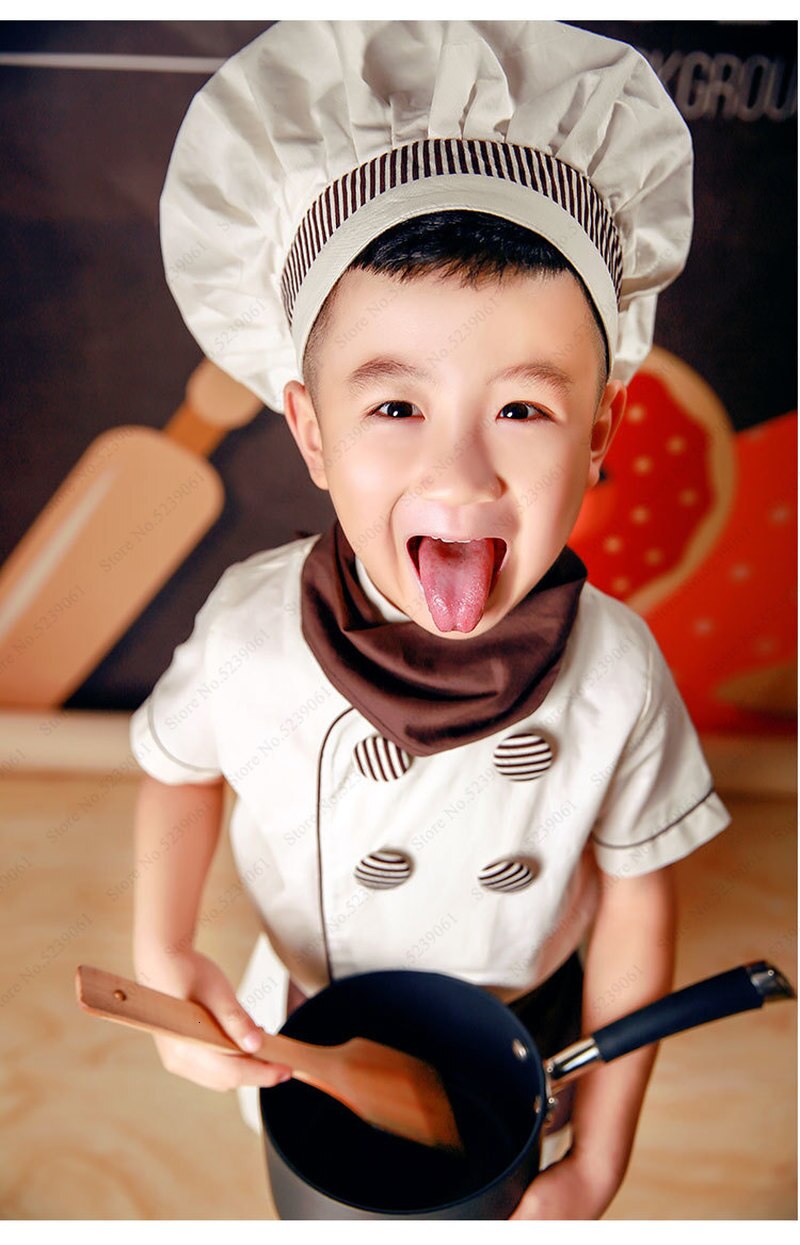 Halloween Kids Chef Jackets Catering Baking Uniforms Food Service Children Kitchen Restaurant Waiter Cook Hat Role Play Costumes