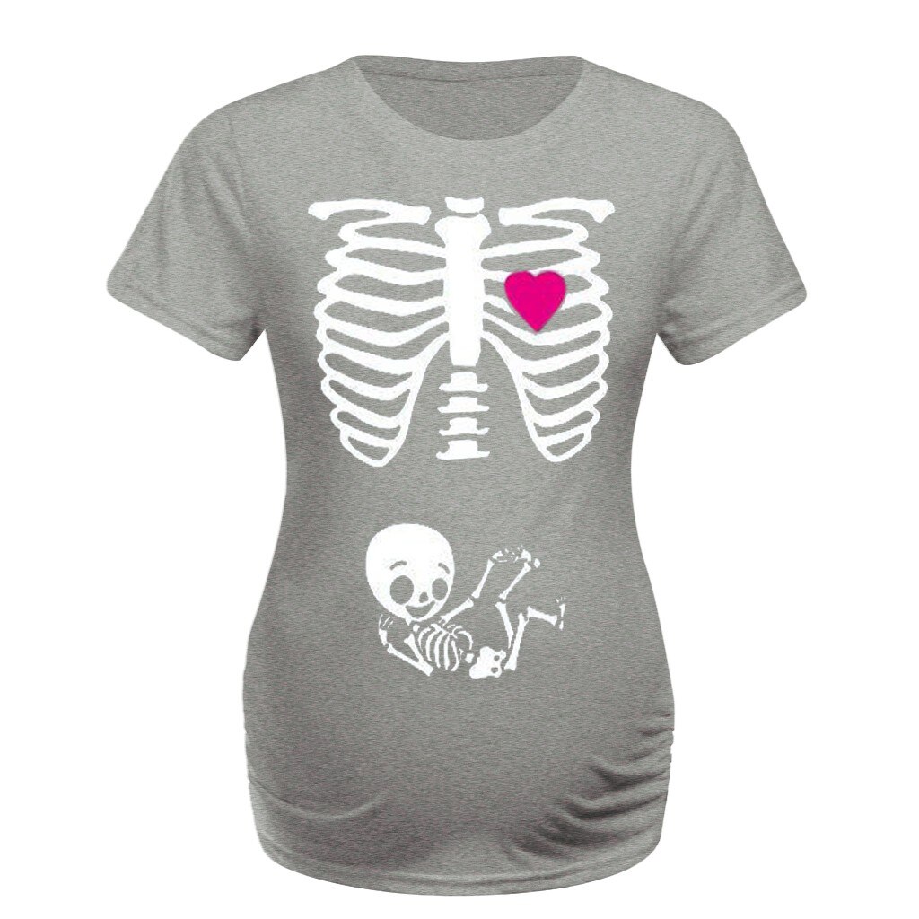 Femmes maternité squelette imprimé hauts à manches courtes T-shirt vêtements décontractés enceinte Nusring maternité T-shirt Ropa Embarazada: GY / XXL