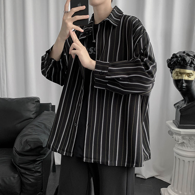 Long Sleeve Shirt Spring And Summer Striped Coat Loose Classic Casual Tops Vintage Shirts For Blouses Men Clothing: Black / M