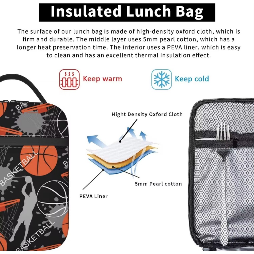 Art Basketball Trwała wodoodporna izolowana torba na drugie śniadanie Wielokrotnego użytku Cooler Thermal Tote Lunch Box Organizer do pracy w szkole Piknik