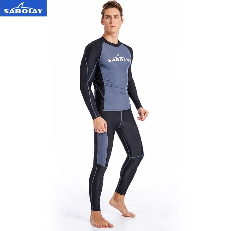 SABOLAY Men Rashguard Lycra Super Elastic Long Sleeve Surfing Diving Swim Sunscreen UV Quick Dry Swimwear Protect T-shirt Pants