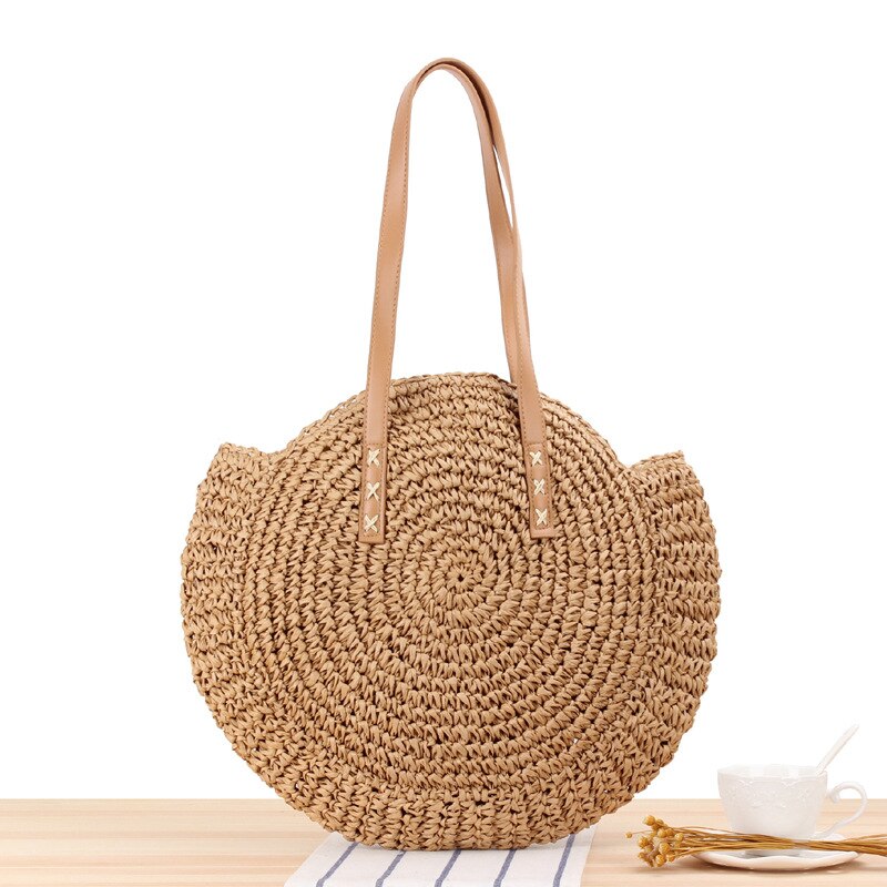 Bolso de playa de paja para mujer, bolsa de rafia tejida a mano de estilo bohemio e informal y con redondo para el verano: Brown  L