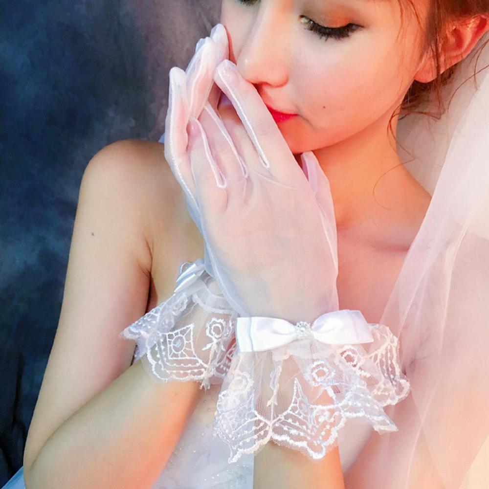 Guantes de lujo de encaje blanco para novia, guantes largos sin dedos para mujer, accesorios de boda de cristal para novias,: Default Title