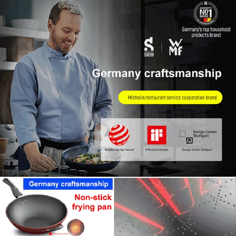 Non-stick Frying Pan 34cm with cover Cauldron Cast Wok Full Screen Honeycomb No Lampblack No Coating Frying Pan Pots for kitchen