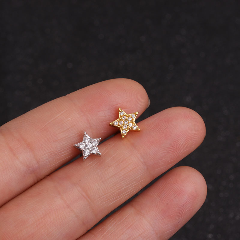 Piercing de oreja de circonita para mujer, pendientes de tuerca de acero inoxidable, Luna, flor, cartílago, hélice, Tragus, Rook, joyería plana, 1 ud.