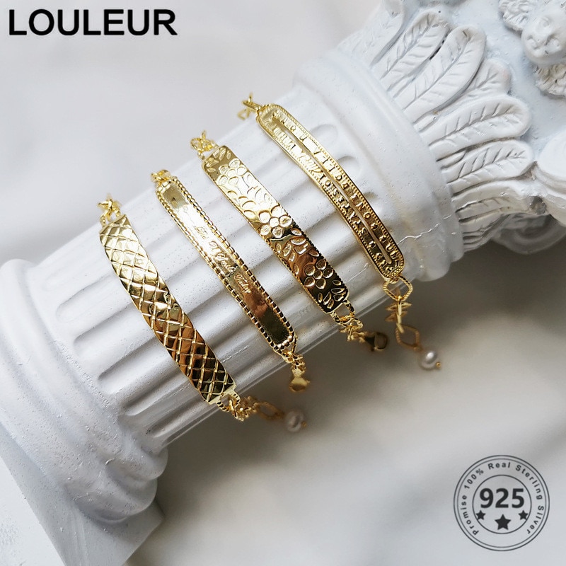 Louleur nyheter 925 sterling sølv armbånd barokk perle måke farge armbånd engelsk kort armbånd til kvinner fint smykker 19cm