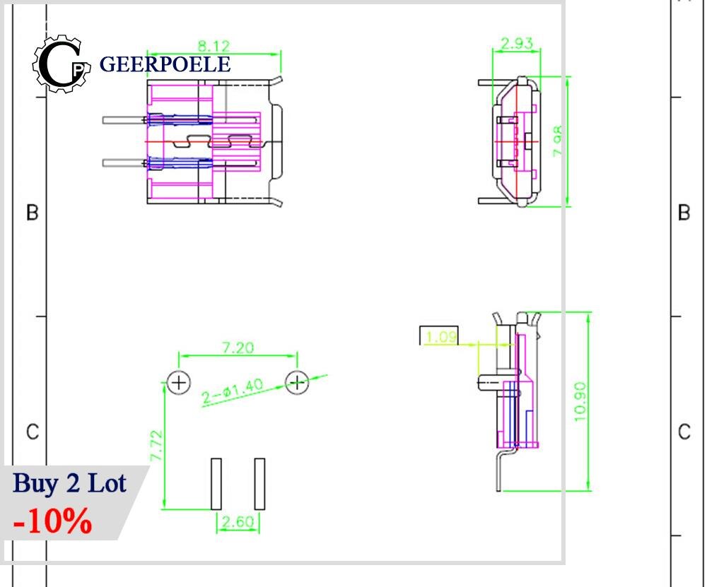 20 pcs/lot USB 90 degree DIP 2 Pin USB Connectors Plastic Shell Micro USB Connector Jack Tail Plug Mini Sockect Terminals