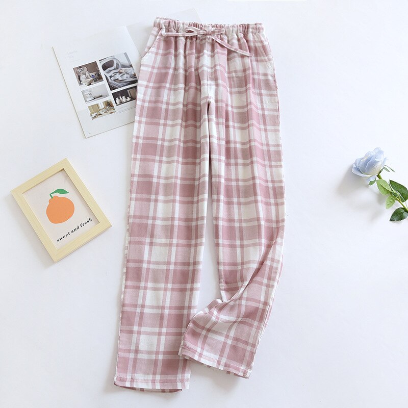 Couple Plaid Pants Cotton Long Trousers Casual Thin Home Pants Loose Drawstring Sleep Bottoms Women Pink Plaid Pajama Men Pants: Women Pink / L