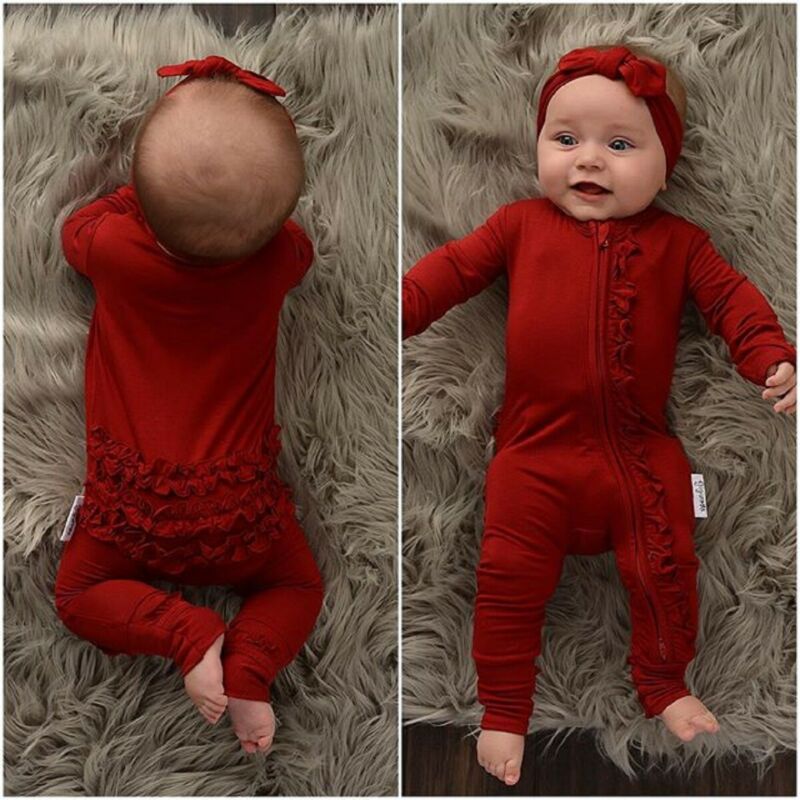Christmas Newborn Toddler Baby Girl Clothes Red Long Sleeve O-Neck zipper Romper Top T-shirt Ruffle Long Pants Headband Outfits