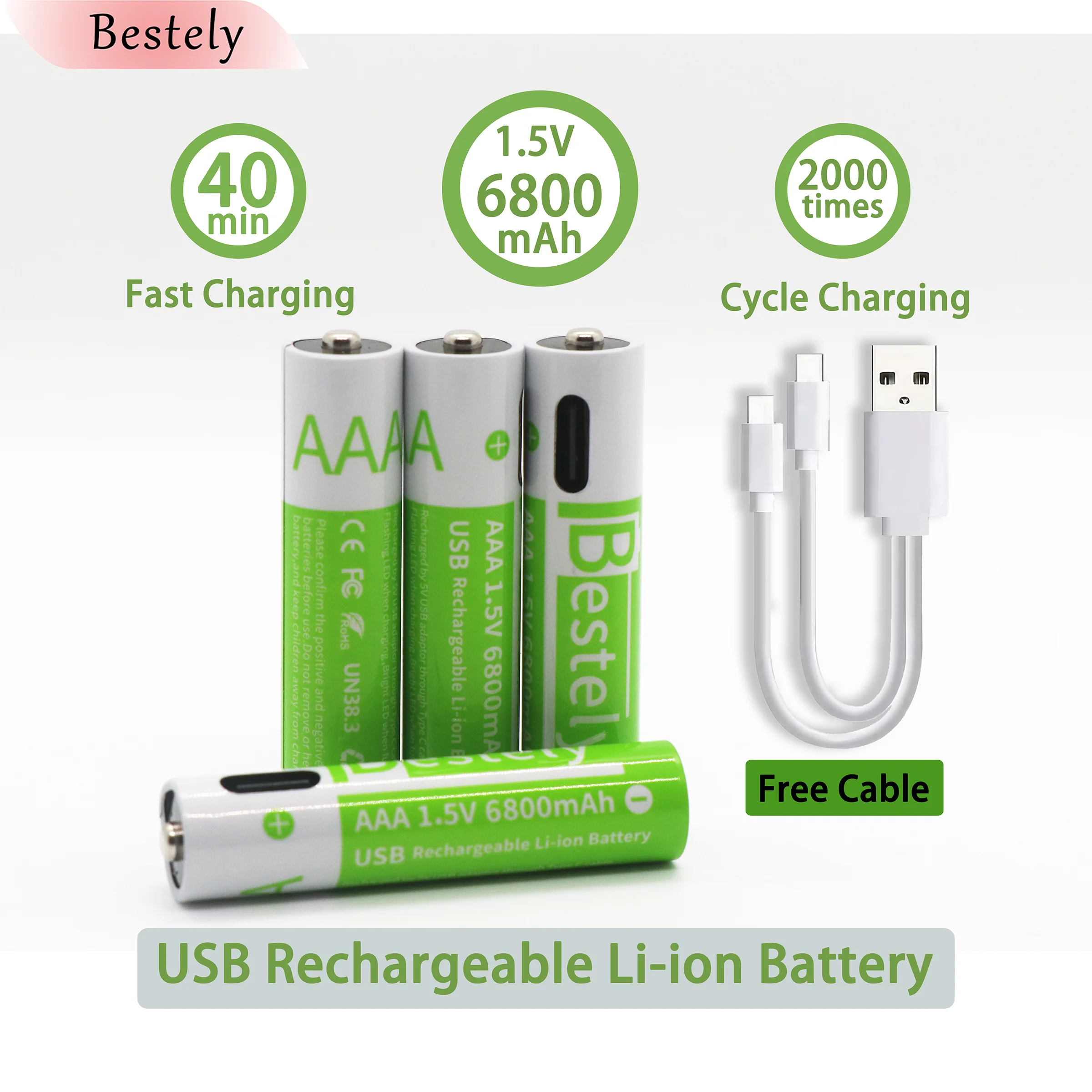 1.5v AAA 6800mAh Rechargeable Lithium Batteries High Capacity AAA Li-ion Battery Type-C USB 2000 times cycle with free cable