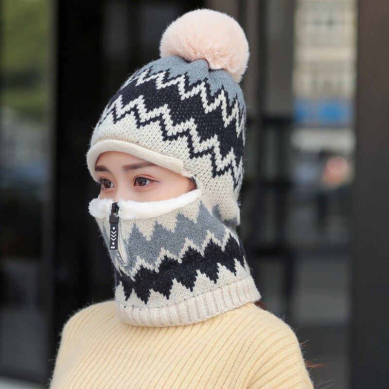 Double-Use Women Warm Knitted Hat Scarf Hooded Collar Elastic Winter All-Match Adult Teen Thick Soft Neck Warmer Female Caps: ZIPPER BEIGE
