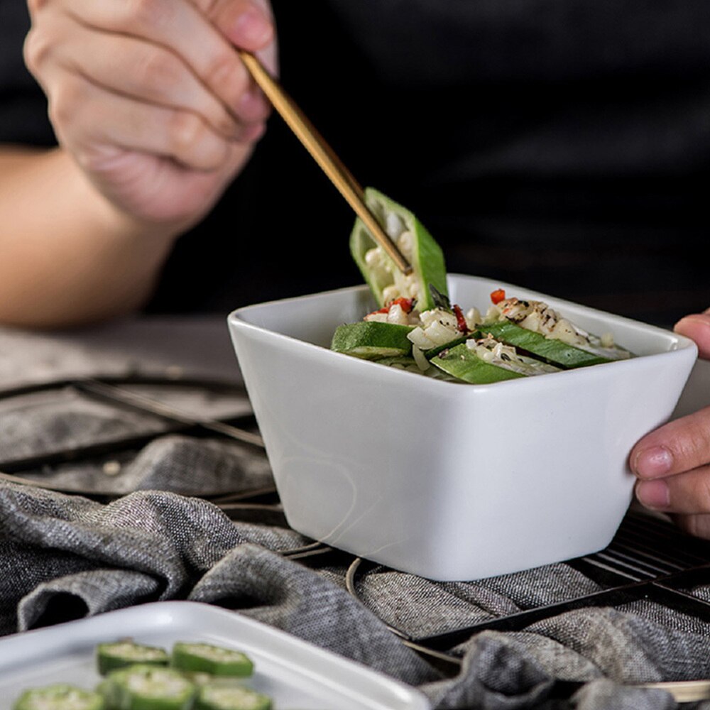 1pc Ceramic Square Shape Bowl with Lid Salad Seasoning Container for Home (White)