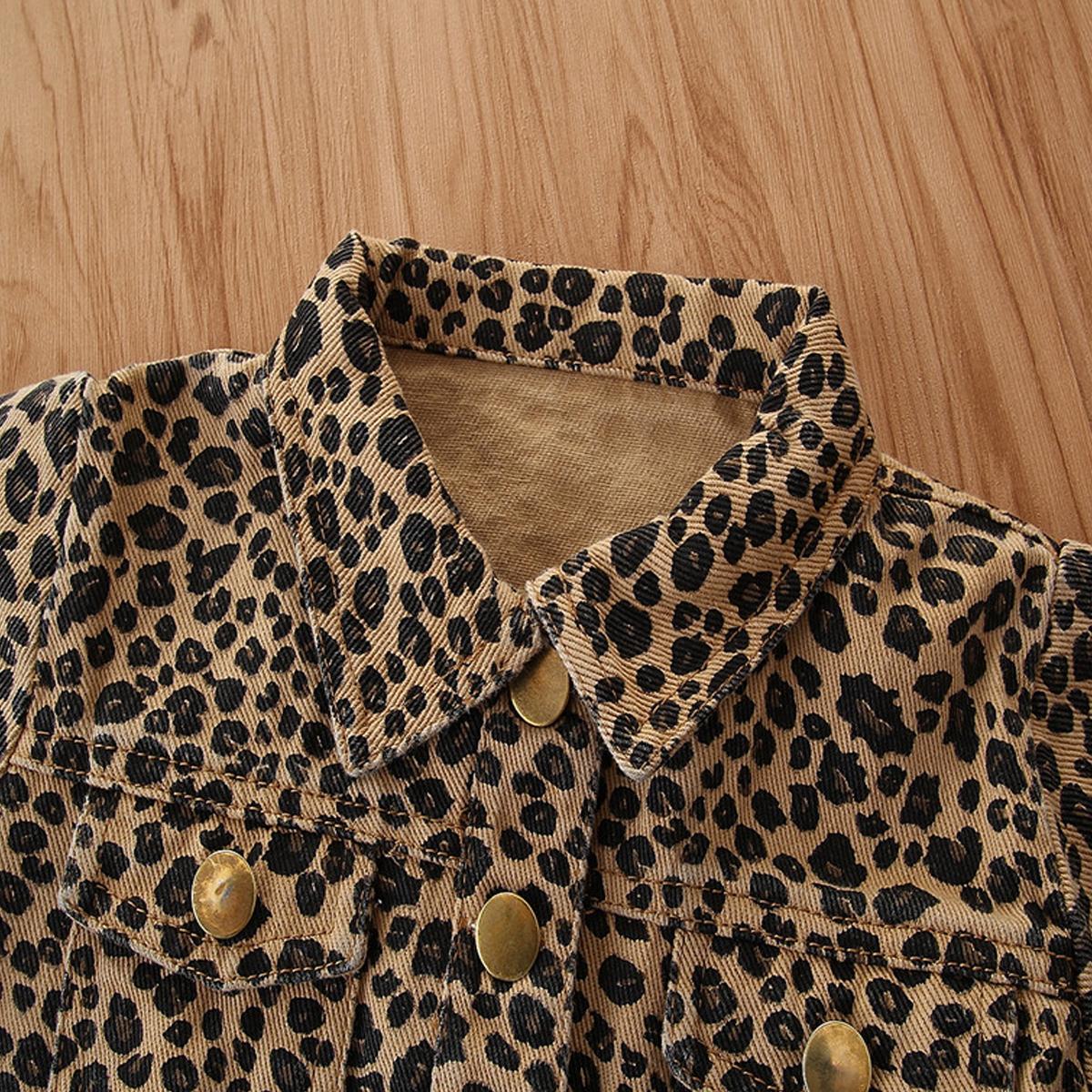 1-6Y Leopard Print Girl Children's Jackets Kids Long Sleeve Coat Denim Button Pockets Windbreaker Hoodies Autumn Jacket