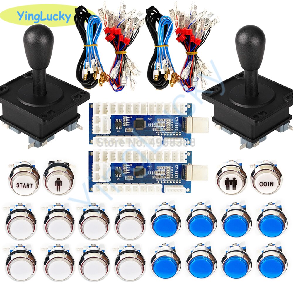 Juego de Joystick Arcade de estilo americano 12V LED cromo botones de Arcade + Cable de Joystick controlador USB piezas de juego de salón recreativo: white and blue